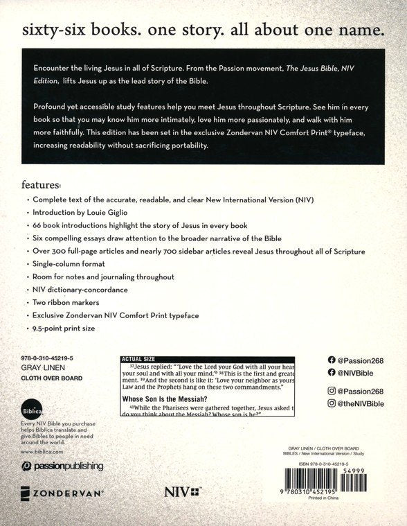 NIV Comfort Print Jesus Bible, Cloth Over Board, Gray