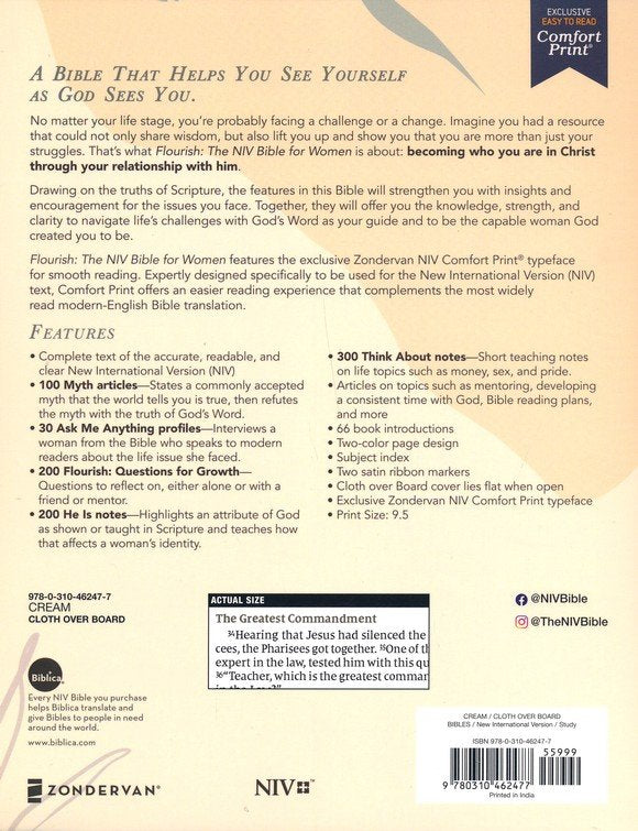 Flourish: The NIV Bible for Women, Comfort Print, Cloth Over Board, Cream