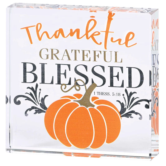 Tabletop Glass Plaque Pumpkin Thankful