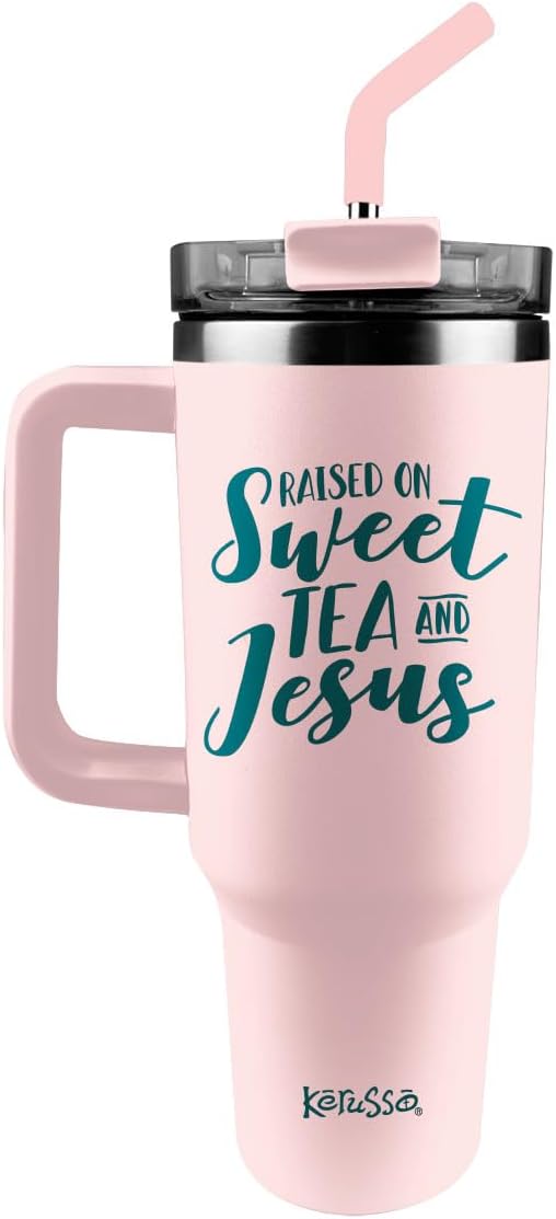 Kerusso Raised on Sweet Tea and Jesus, 40 oz Stainless Steel Travel Tumbler with Lid