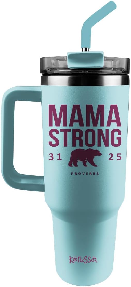 Kerusso 40 oz Steel Mug with Straw Mama Strong Bear