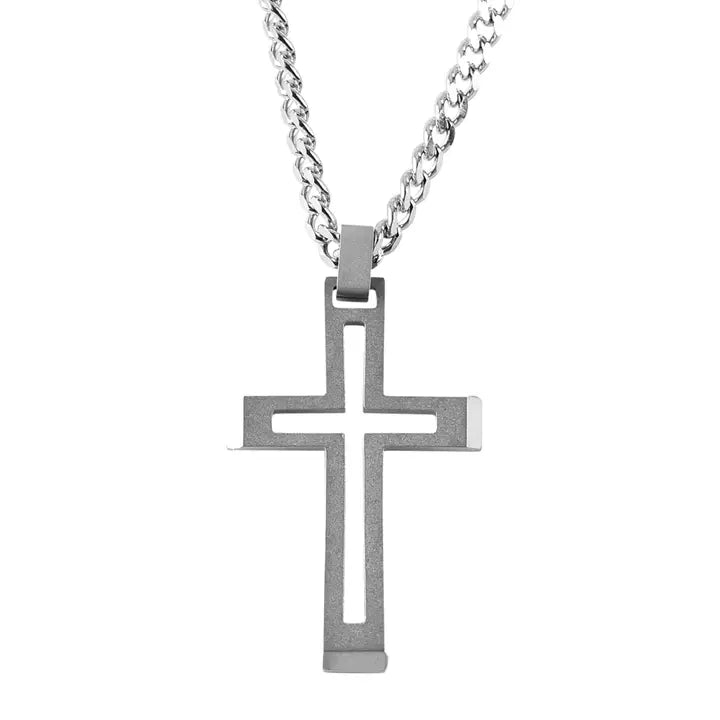Necklace Mens Steel Cutout Cross 24H