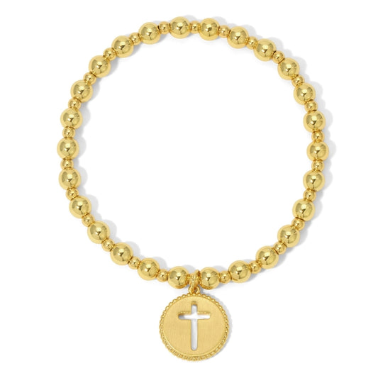 Beaded Stretch Bracelet with Cut-Out Cross Charm, Gold