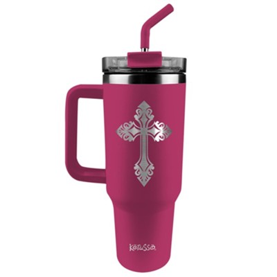 Kerusso 40 oz Stainless Steel Mug With Straw Filigree Cross - Pink
