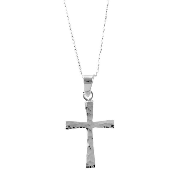 Silver Plated Hammered Cross Necklace, 18" Chain
