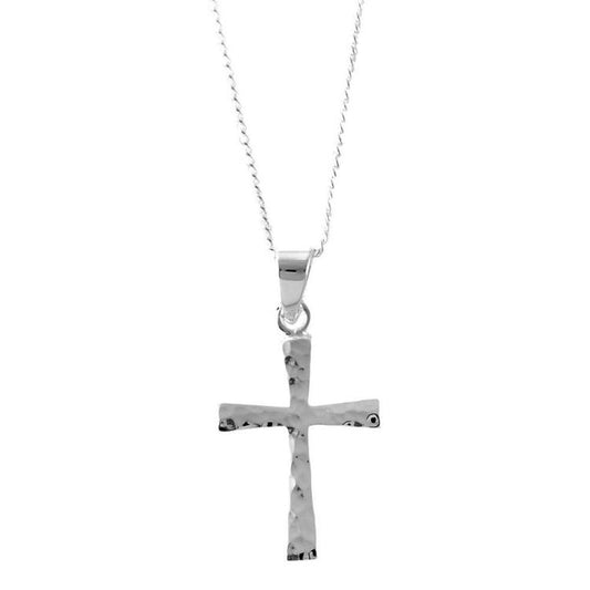 Silver Plated Hammered Cross Necklace, 18" Chain