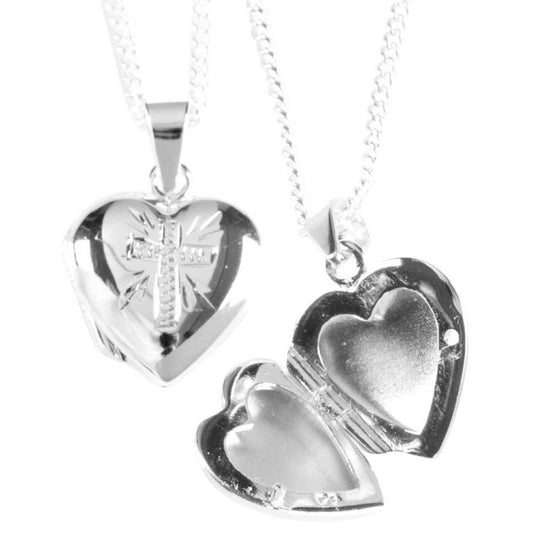Silver Heart Locket W/ Cross Necklace, 18" Chain