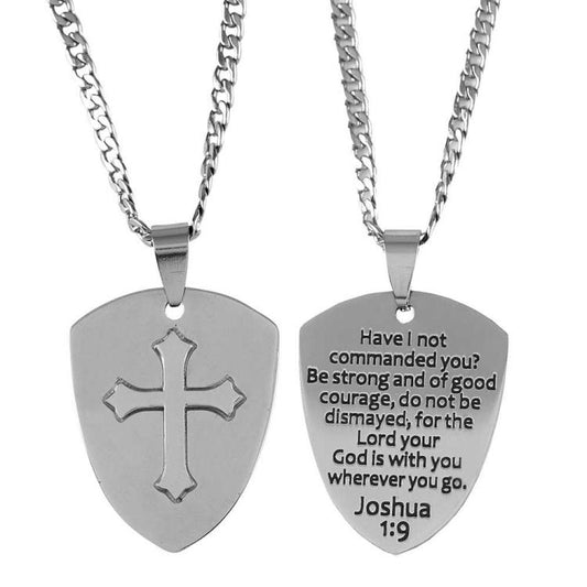 Joshua 1:9 Shield Cross Silver, 24" Chain