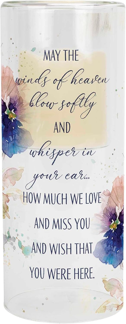 May The Winds of Heaven Blow Softly - Wish That You Were Here - 10x4 Inch Multicolor Glass Holder - includes 3 Inch LED Pillar Candle