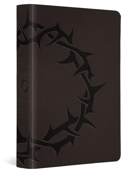 ESV Large-Print Compact Bible--soft leather-look, charcoal with crown design