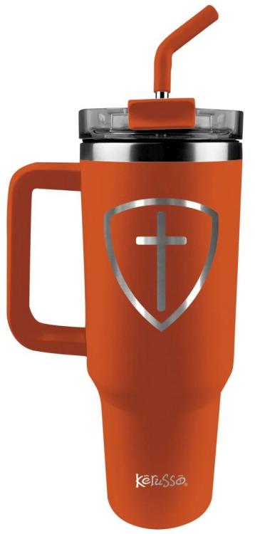 Kerusso 40 oz Stainless Steel Mug With Straw Cross Shield - Orange