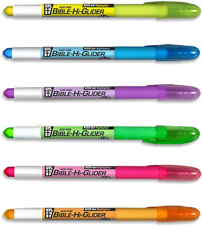 Accu-Gel Bible-Hi-Glider Bible Study Set | No Bleed Solid Gel Highlighter | No Smearing or Fading | Long Lasting Bright Translucent Colors (Set of 6)