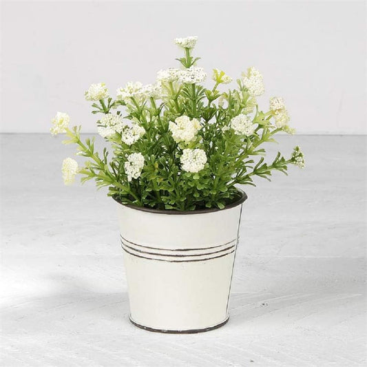 White Flowers in White Metal Pot, 6-inch Height