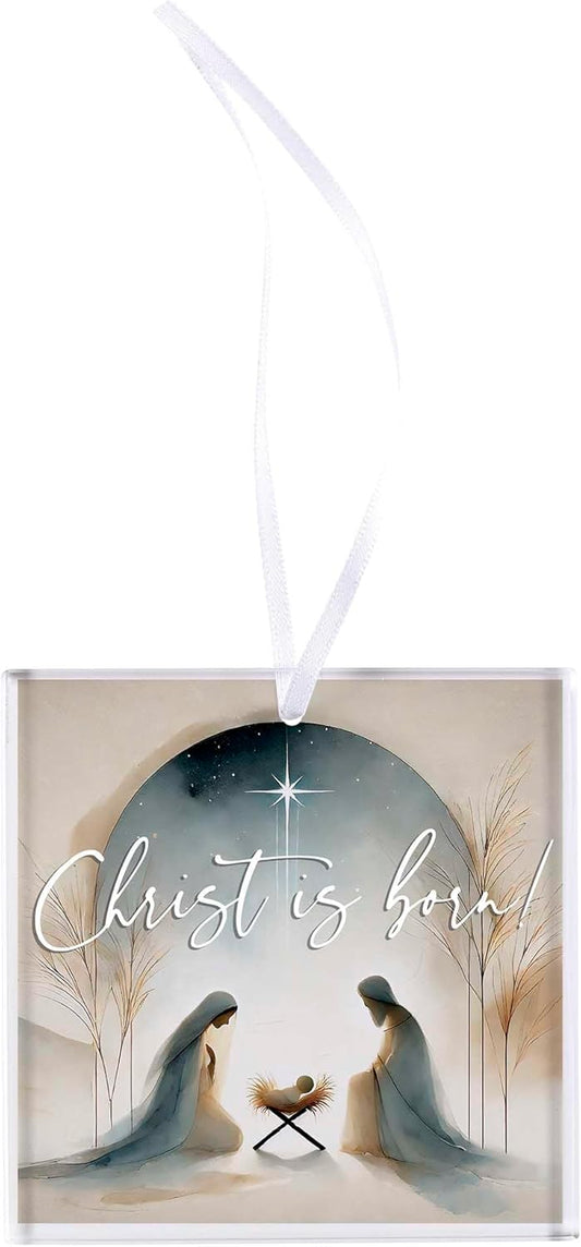 Christ is Born Watercolor Nativity Square Gold 3.5 x 3.5 Glass Sparkling Christmas Ornament