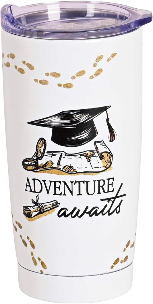 Grad Adventure Awaits - Jeremiah 29:11 Philippians 4:13-20 Ounce White Stainless Steel Insulated Travel Mug with Lid