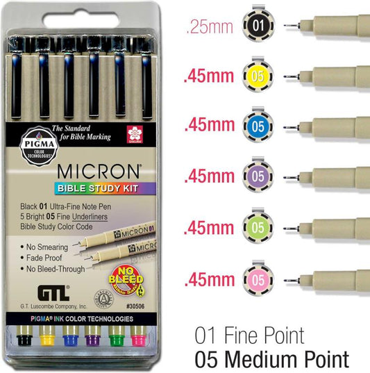 Pigma Micron 01 Fine & 05 Medium Point Bible Study Pen Kit | No Smearing or Fading | Bible Safe | Artist Pens | No Bleed Pigmented Ink (Set of 6)