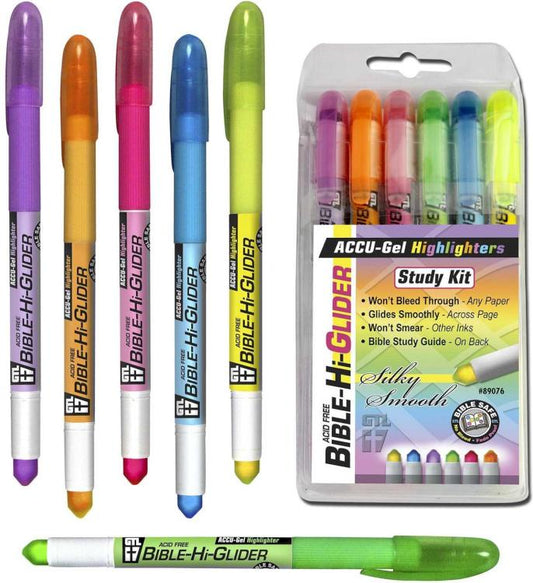 Accu-Gel Bible-Hi-Glider Bible Study Set | No Bleed Solid Gel Highlighter | No Smearing or Fading | Long Lasting Bright Translucent Colors (Set of 6)