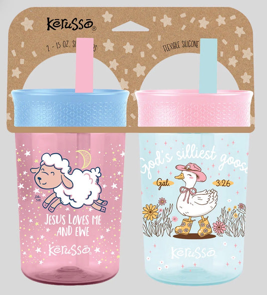Kerusso 15 oz Silicone Straw Cup Goose & Lamb (2 Pack)