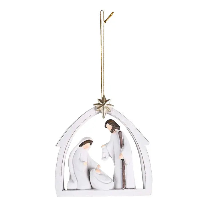 Ornament Holy Family Creche in White 4H