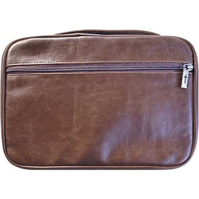 Leather Look Bible Cover, Cross Zipper, Brown XX-Large