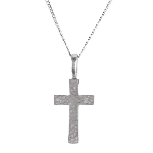 Pewter Hammered Cross Necklace, 18" Chain