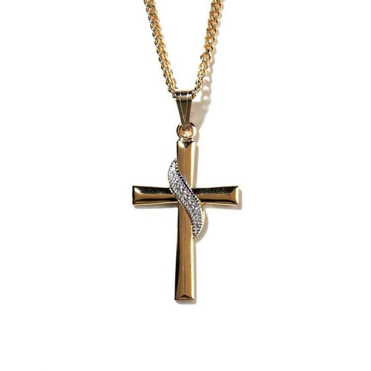 2 Tone Silver Sash/Gold Cross Necklace, 18" Chain