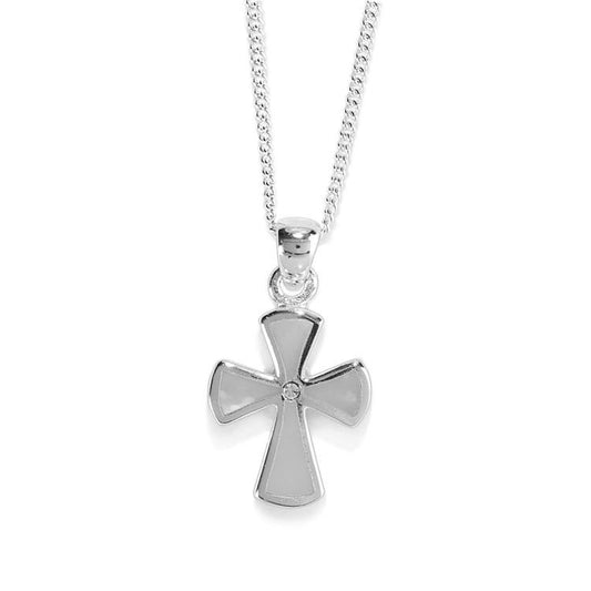 Silver Plated Mother of Pearl Flare Cross Necklace, 18" Chain