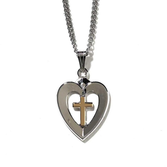 Silver Plated Heart With Plated Cross Necklace, 18" Chain