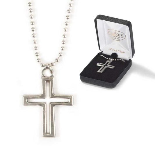 Cutout Box Cross Pewter Necklace, 24" Bead Chain