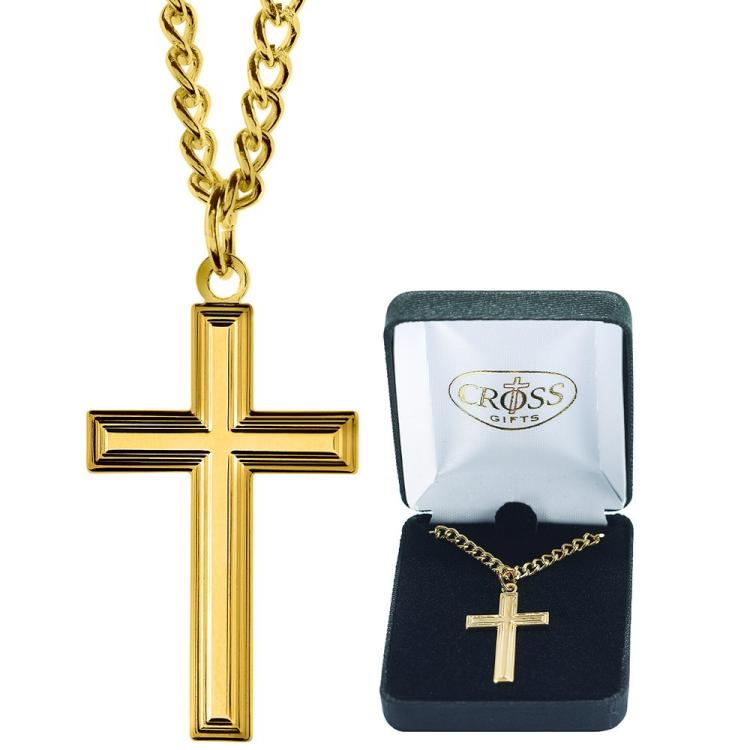 Gold Plated Large Box Cross Necklace, 24" Chain