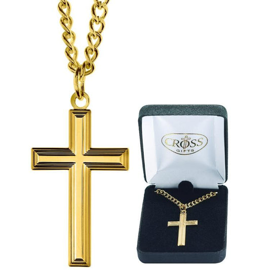 Gold Plated Large Box Cross Necklace, 24" Chain