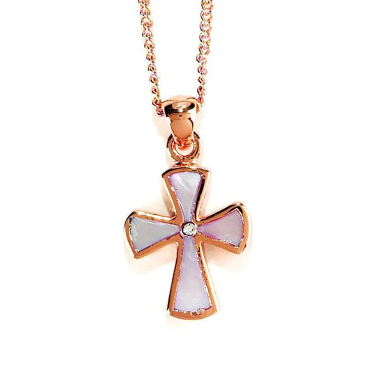 Rose Gold Mother of Pearl Cross Necklace, 18" Chain