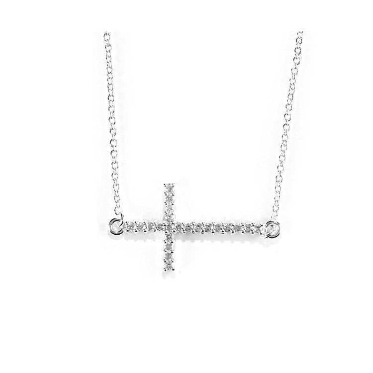 Sideways Cross Silver Plated Necklace, 18" Chain