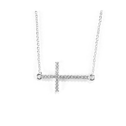 Sideways Cross Silver Plated Necklace, 18" Chain
