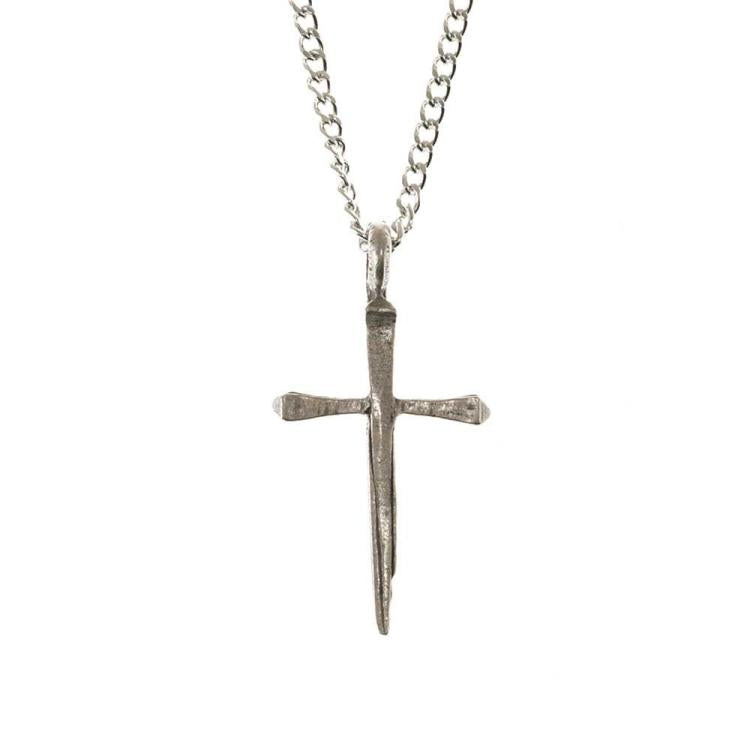 Pewter Nail Cross Necklace, 24" Chain