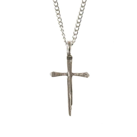 Pewter Nail Cross Necklace, 24" Chain