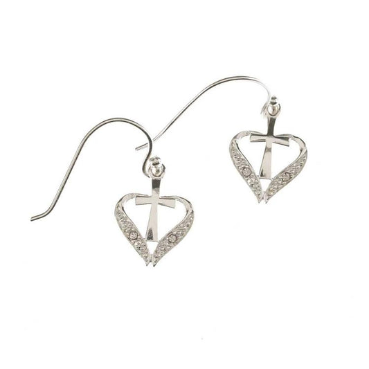 Sterling Silver Open Heart Cross Earrings