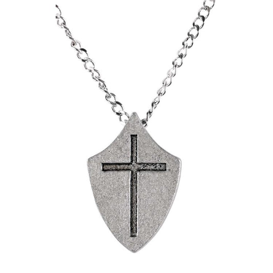 Pewter Shield Cross Necklace, 24" Chain