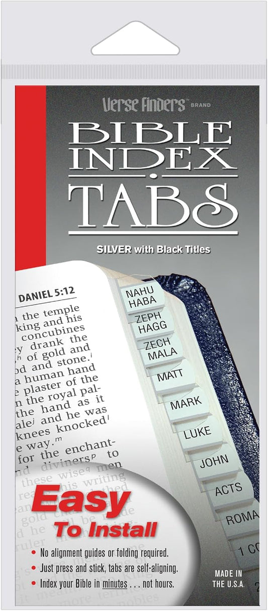 Silver Verse Finder Bible Tabs | Easy to Install, Self-Aligning, Just Press & Stick | Horizontal Text | Complete Set of Tabs for The Old & New Testaments