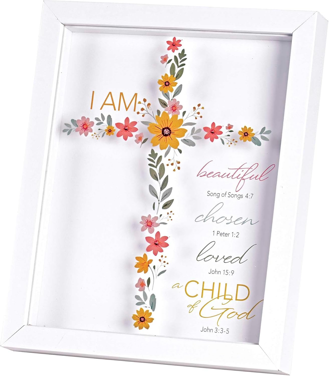 I Am Beautiful Chosen Loved - 11 x 9 Inch White MDF Wood and Glass Shadowbox Block Sign