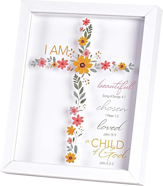 I Am Beautiful Chosen Loved - 11 x 9 Inch White MDF Wood and Glass Shadowbox Block Sign