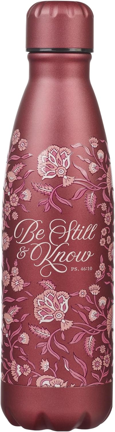 Be Still Metallic Raisin Plum Floral Stainless Steel Water Bottle - Psalm 46:10