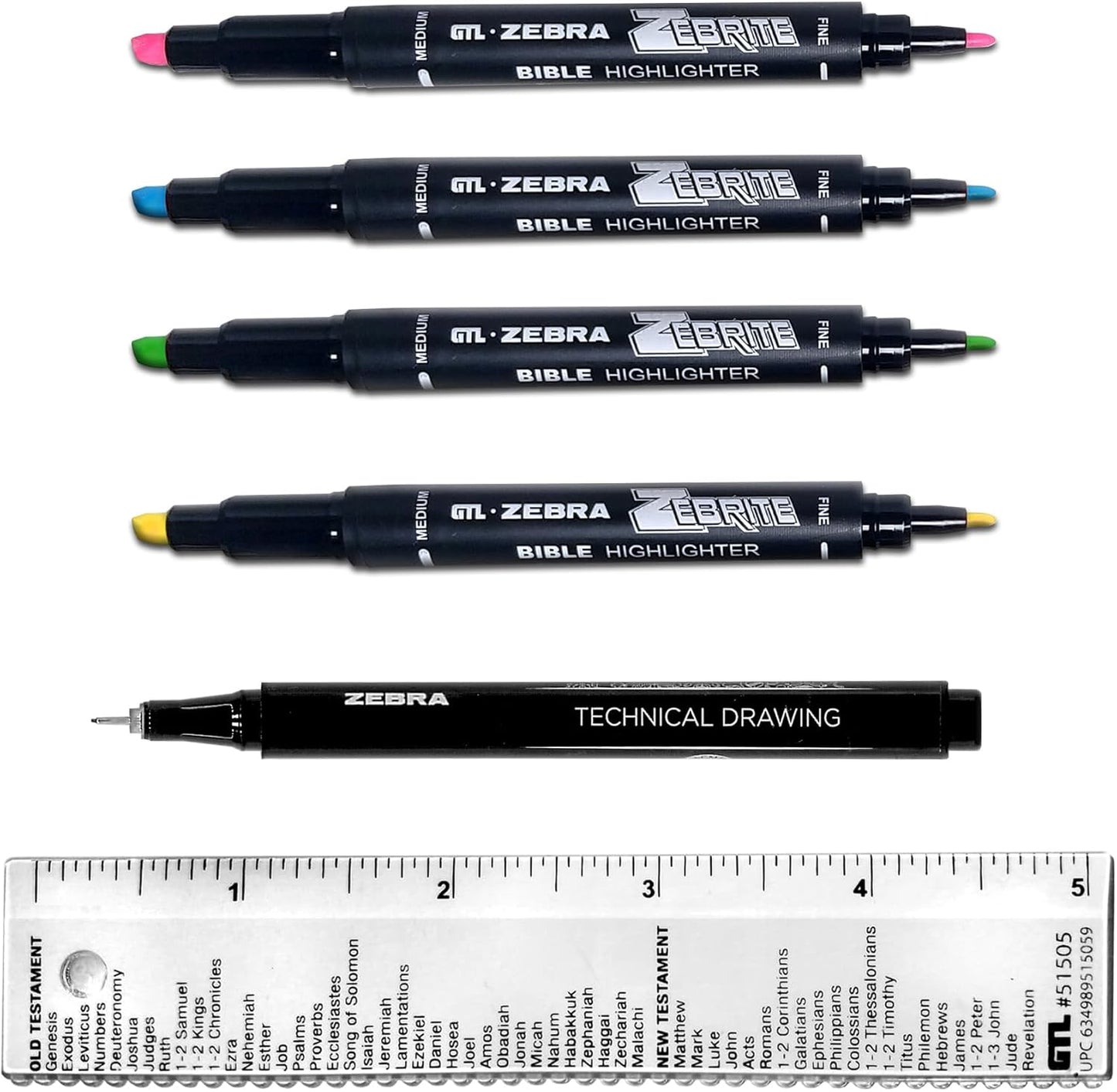 Zebrite Bible Marking Kit | No Bleed Pigmented Ink | No Fading or Smearing | Double Ended Highlighters, Note Pen & Books of the Bible Ruler/Bookmark (Set of 5 + Ruler)