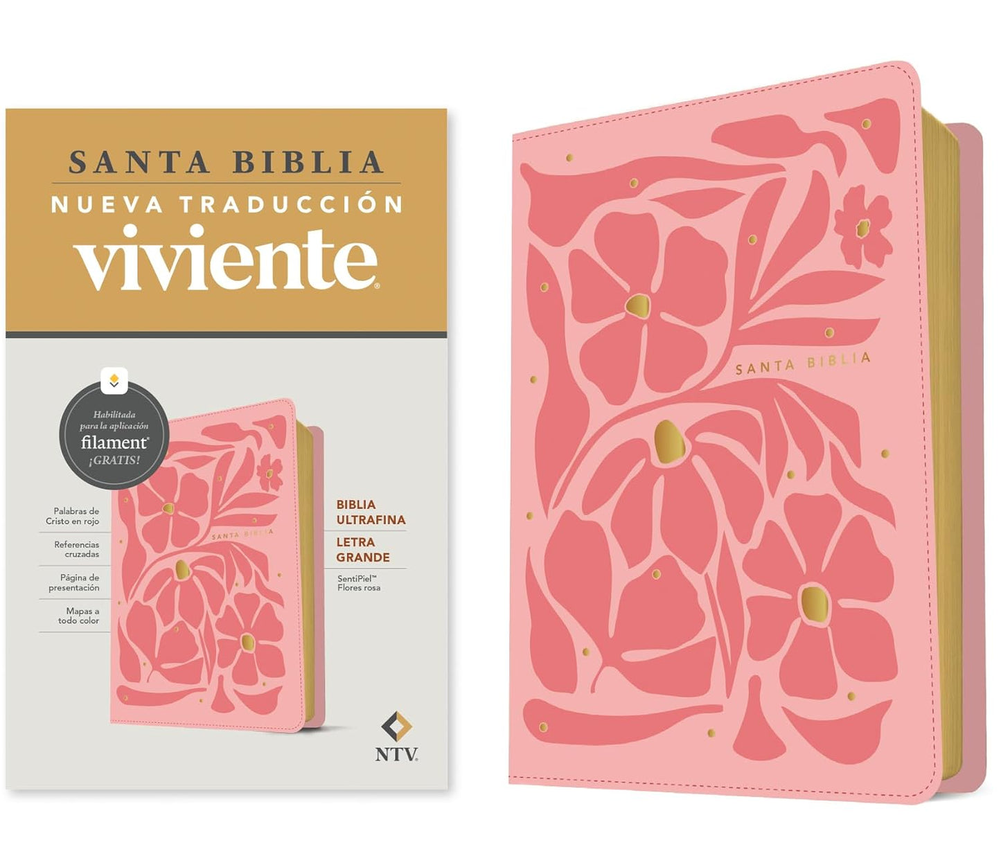 Biblia ultrafina NTV, letra grande con Filament (SentiPiel, Flores rosa, Letra Roja) (Spanish Edition)