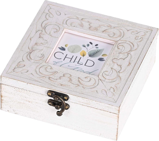 Child Of God - Teal Leaf Design - 6 x 6 x 2.25 Inch Distressed White MDF Wood Petite Musical Jewelry Box Plays Amazing Grace