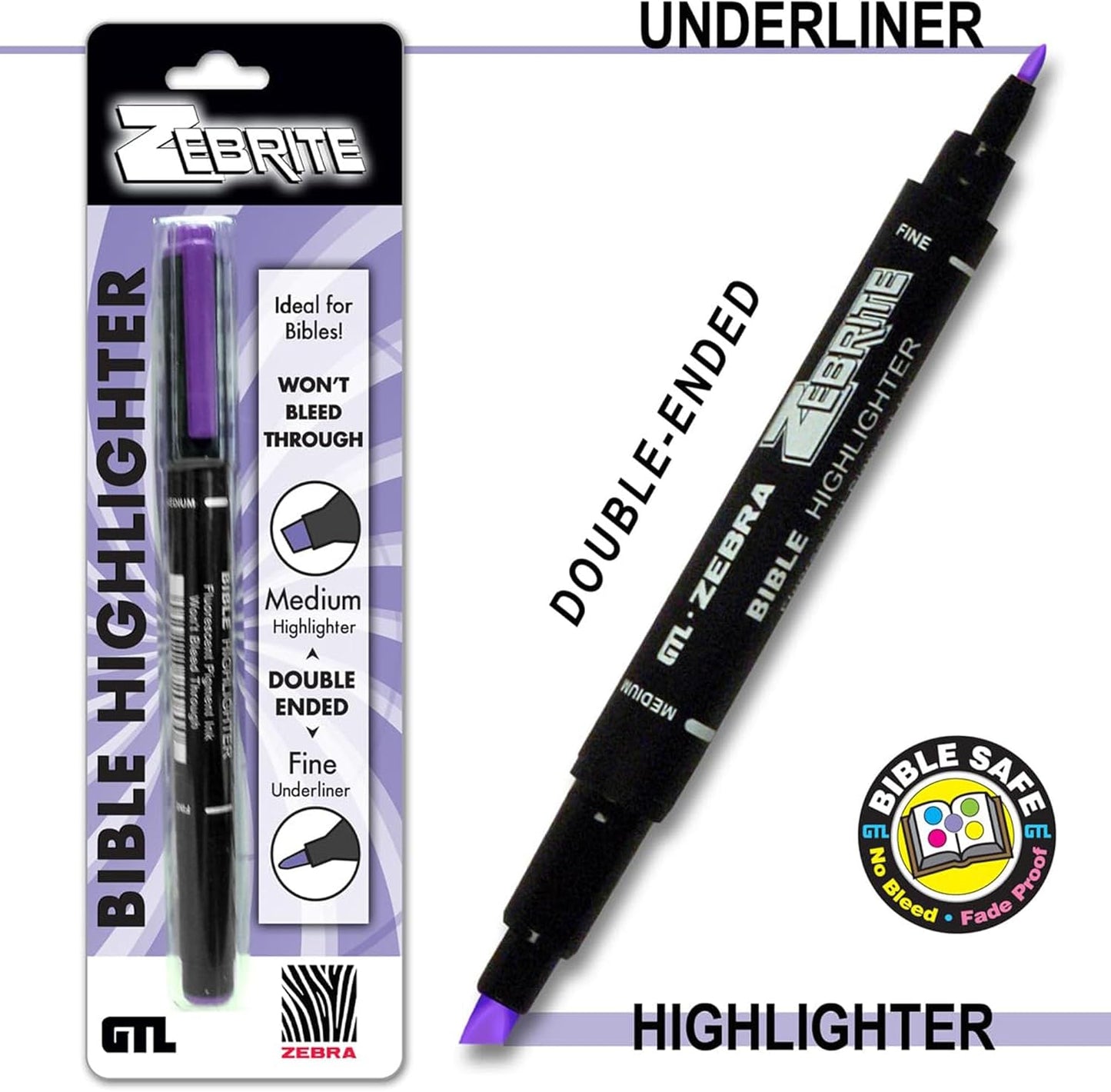 Zebrite Double Ended Bible Highlighter Set | No Bleed Pigmented Ink | No Fading or Smearing | Double Ended for Highlighting & Underlining |Violet Ink