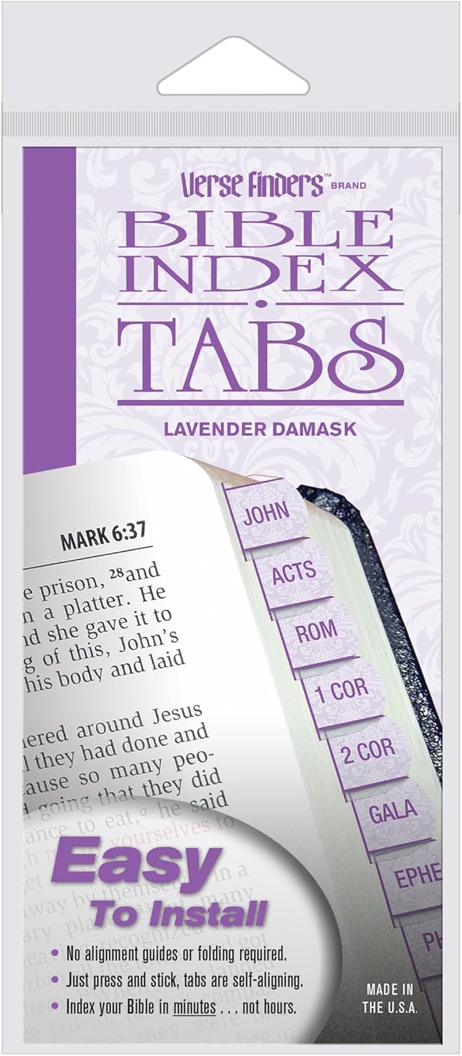Lavender Damask Verse Finder Bible Tabs | Easy to Install, Self-Aligning, Just Press & Stick | Horizontal Text | Complete Set of Tabs for The Old & New Testaments