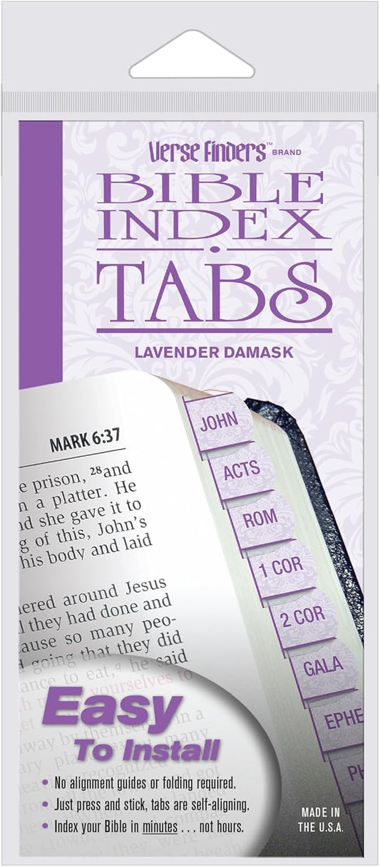 Lavender Damask Verse Finder Bible Tabs | Easy to Install, Self-Aligning, Just Press & Stick | Horizontal Text | Complete Set of Tabs for The Old & New Testaments