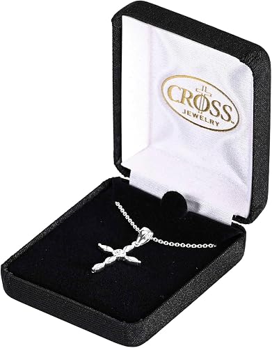 Petal Cross with CZ Center Stone - 18 Inch Silver Plated Stainless Steel Cable Chain