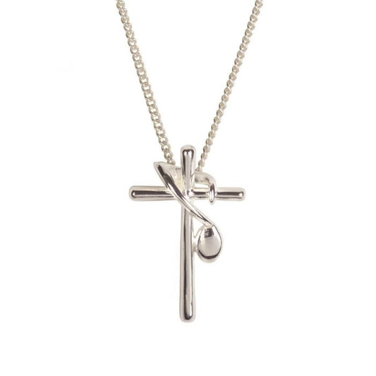 Music Note Cross Silver Plate Necklace, 18" Chain